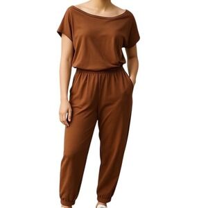 Anga Fashion Women's Short Sleeve Ankle Tapered Leg Jumpsuit Brown Size Small‎